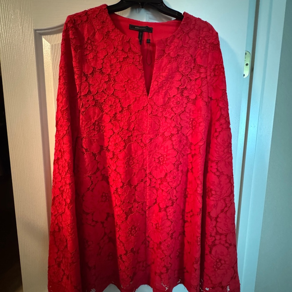BCBGMaxAzria Red Lace Blouse with Keyhole Neckline